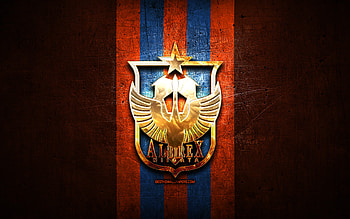 Albirex Niigata FC, golden logo, J2 League, orange metal background, football, japanese football club, Albirex Niigata logo, Albirex Niigata HD wallpaper