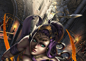 Fantasy girl, purple, fantasy, game, girl, green eyes, orange, woman, beauty HD wallpaper