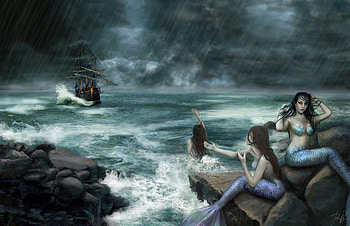 Sirens on the rocks, Deviant art, boat, waves, storm, mermaids, ReddEra art HD wallpaper