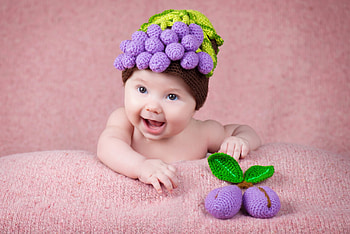 Cute baby, purple, pink, smile, baby, fruit, hat, child, copil HD wallpaper