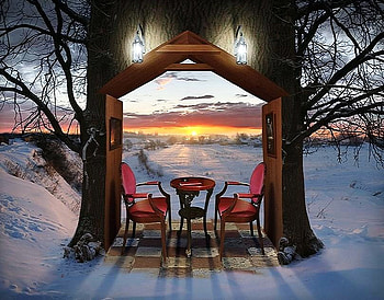 Winter night out, winter, table, clearing, setting for two, chairs, snow, branches, trees, sunset HD wallpaper