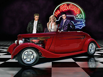 The Fab Fifties, fifties, singers, car, elvis presley, james dean, hot rod, actors, marylin monroe HD wallpaper