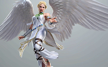 Beautiful angel, blue, golden, wings, white, girl, beautiful, angel, beauty, woman, fantasy, green, game, blonde hair HD wallpaper