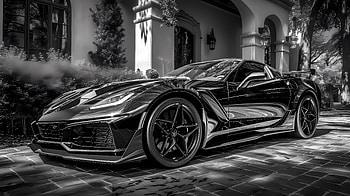 C7 ZR-1 Black and White, Chevrolet Corvette, Chevrolet Corvette (C7), Black & White, house, car HD wallpaper