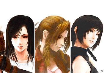 Final Fantasy VII Girls, final fantasy, long hair, tifa lockhart, short hair, ff7, brown eyes, aerith, aerith gainsborough, water colour painting, gloves, final fantasy 7, black hair, yuffie kisaragi, yuffie, tifa, anime, brown hair, video games HD wallpaper