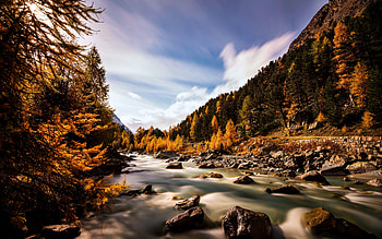 Val Roseg, Switzerland, river, autumn, trees, clouds, sky, rocks, stream, stones HD wallpaper