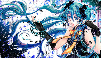Hatsune Miku, blue, colorful, black, awesome, song, cute, vocaloid, beauty, nice, miku, music, singing, vocaloids, hatsune, white, blue eyes, twintail, blue hair, beautiful, leaves, anime, pretty, cool HD wallpaper