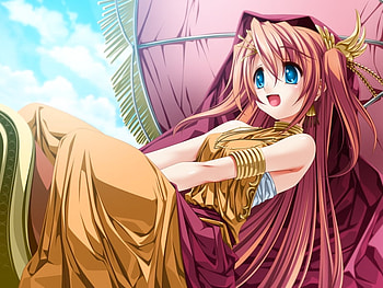 Yumino Kanade, umbrella, girl, long hair, jewelry, red, clouds, sky, female HD wallpaper