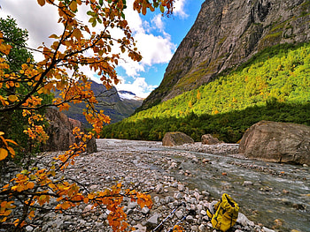 Stone river, river, creek, nice, trees, autumn, beautiful, grass, stones, mountain, summer, turn, cliffs, branches, clouds, nature, sky, riverbank, lovely HD wallpaper