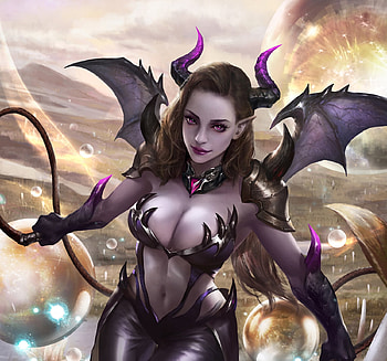 Demoness, wings, horns, fantasy, girl, bat, han lele HD wallpaper