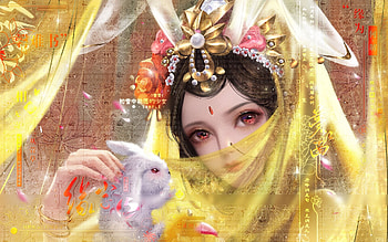 Chang'e, rabbit, change, frumusete, veil, gorgeous, girl, goddess, superb, bunny, yanmin ji, fantasy, moon, yellow, chang e, luna HD wallpaper