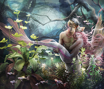 Underwater love, art, dreamingfire rotheus, man, girl, summer, pink, fantasy, pesti, couple, underwater, fish, luminos, water, siren, vara, mermaid, rotheus, dreamingfire HD wallpaper