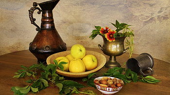 Still Life, kitchen, fruits, leaves, jag HD wallpaper