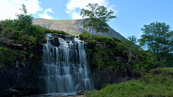 Ardessie Falls on a clear afternoon - Garve, Scotland, river, clouds, trees, sky, rocks, cascade HD wallpaper