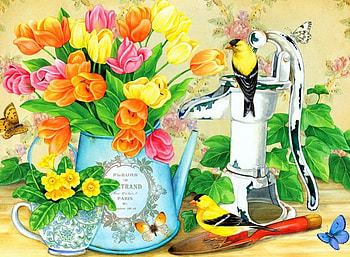 Tulips bouquet, colorful, lreaves, bouquet, bird, vase, beautiful, tulips, pretty, flowers HD wallpaper
