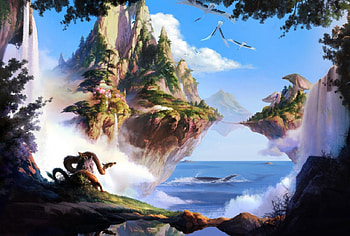 Floating Inlands, sea, birds, dragon, waterfall, inlands HD wallpaper