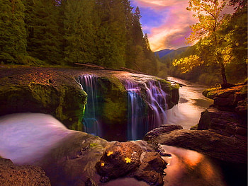 Small mountain waterfall, waterfall, autumn, nature, small, water, sunset, mountain HD wallpaper