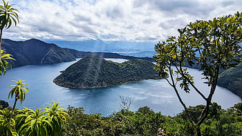 Laguna Cuicocha in Ecuador, sky, mountains, rocks, trees, landscape, clouds HD wallpaper