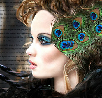 Belle, blue, alluring, curly hair, blue eye shadow, beauty, charm, brown, pea cock feathers, female, brown eyes, electric, girl, beautiful, iridescent, woman, rouge, green HD wallpaper