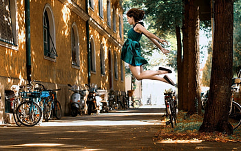 Jumping for Joy, street, model, dress, brunette HD wallpaper