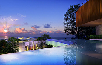 Amazing view, house, beautiful, woman, reflection, building, clouds, trees, pool, amazing, water, sunset, ocean HD wallpaper