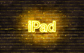 IPad yellow logo, , yellow brickwall, IPad logo, Apple iPad, brands, IPad neon logo, IPad HD wallpaper