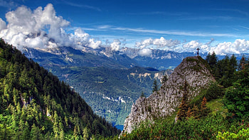 wondrous mountain scape r, valley, cross, clouds, r, mountains HD wallpaper