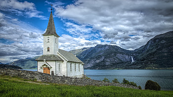 Nes Church at Lustrafjorden, Norway, landscape, sky, hills, fjord, clouds HD wallpaper
