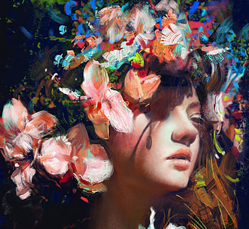 Orchids, flower, jojo cooo, fantasy, art, portrait, face, girl HD wallpaper