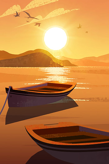 Art, Mountains, Sun, Boat HD phone wallpaper
