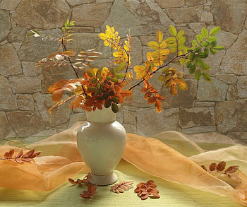 autumn still life 6, composition, art , still life, table, white vase, autumn leafs, nice HD wallpaper