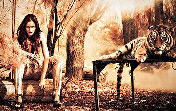 Alyssa Campanella, animal, model, tiger, girl, orange, woman, tree HD wallpaper