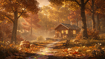 Cozy Autumn Cabin —, Forest HD wallpaper