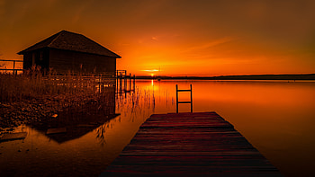 House at pier, sea, house, pier, orange, fiery, summer, reflection, hut, sky, sunset HD wallpaper