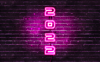 2022 on purple background, vertical text, Happy New Year 2022, purple brickwall, 2022 concepts, wires, 2022 new year, 2022 purple neon digits, 2022 year digits HD wallpaper
