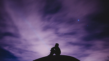 Loneliness, pink, black, man, sky, stars, silhouette, cloud HD wallpaper