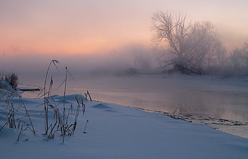 Winter, river, snow, clouds, sky HD wallpaper