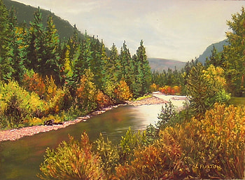poudre_reflections, river, golden, oil painting, green, trees, nature, water, forest HD wallpaper