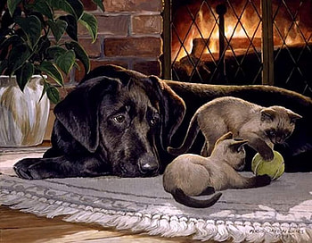 By Persis Clayton, dog, kitten, puppy, painting, art, cat, friend, fireplace HD wallpaper