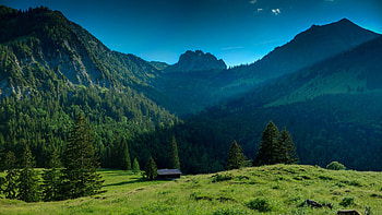 a cabin in a beautiful valley in bavaria, mountains, forest, valley, cabin HD wallpaper