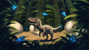 Butterflies, Grass, Art, Dinosaur HD wallpaper