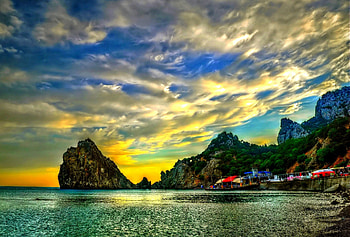 Sunset, cove, landscape, colors, rocks, R, clouds, trees, sky, water, ocean HD wallpaper