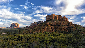 Cathedral Rock and Mesas, Sedona, Arizona, trees, clouds, landscape, sky, rocks, usa HD wallpaper