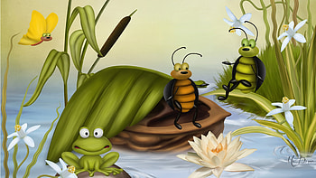 Spring Frogs and Bugs, lily pad, bugs, frog, spring, catails, pond, lily, daffodil, cattails, flowers HD wallpaper