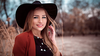 Smiling Girl Model Is Wearing Black Top Brown Overcoat And Big Black Hat Girls HD wallpaper