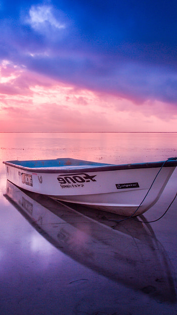 Boat beach seashore, Reflection sunset HD phone wallpaper