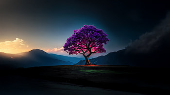 Whispers Of The Violet Tree, trees, tree, artwork, art, digital-art, ai, mountains, mountain, artist HD wallpaper