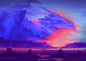Sunset dragon, blue, art, alleff augusto, orange, fantasy, dragon, sky, luminis, sunset HD wallpaper