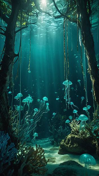 Bioluminescent Enchanted Underwater Forest with Glowing Jellyfish, Magical HD phone wallpaper