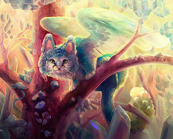 Catbird, wings, art, bird, cat, tree, pisici, fantasy, luminos, kate becker, forest HD wallpaper